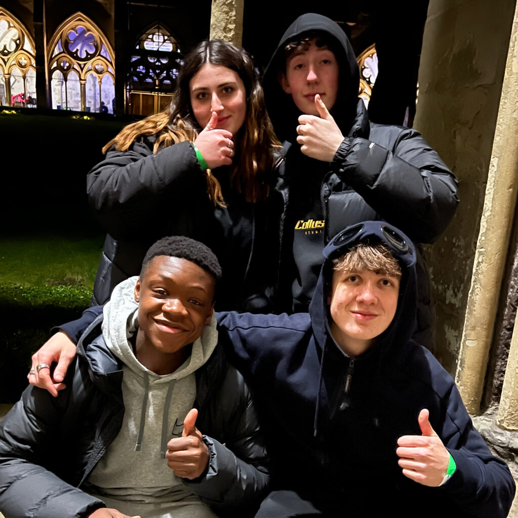 Happy young people at the Big Sleep sleepout at Salisbury Cathedral